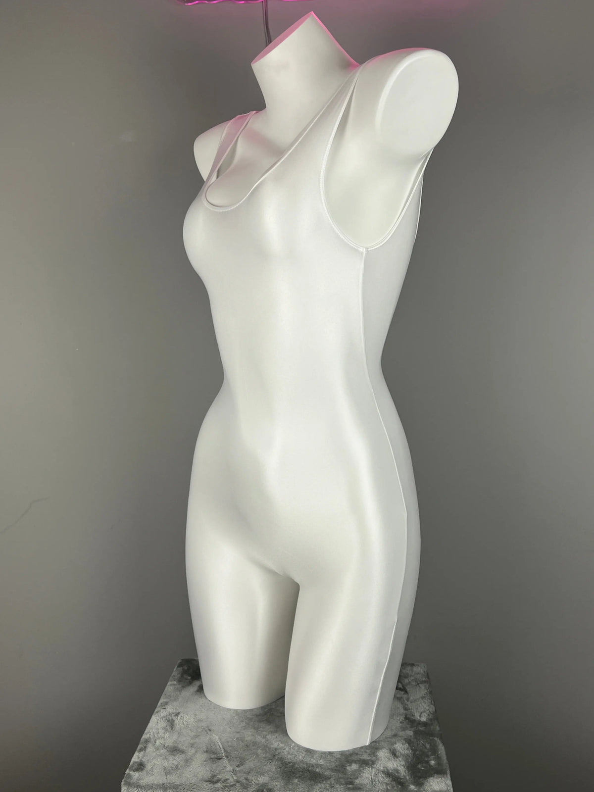 Glossy sleeveless sheer spandex bodysuit by MRJCOS, featuring a silky, form-fitting yoga and lingerie dress with a smooth finish.