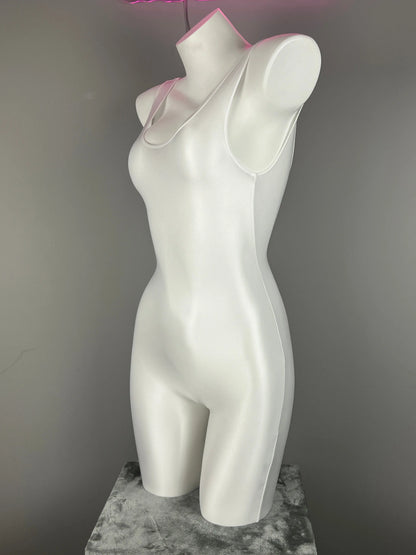 Glossy sleeveless sheer spandex bodysuit by MRJCOS, featuring a silky, form-fitting yoga and lingerie dress with a smooth finish.