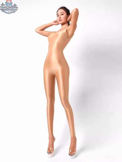 Glossy sleeveless sheer spandex bodysuit by MRJCOS, close-up view of silky, form-fitting yoga suit and lingerie style dress.