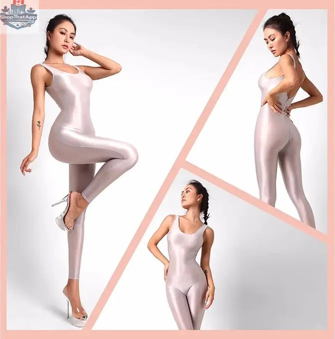 Glossy sleeveless sheer spandex bodysuit by MRJCOS, form-fitting yoga and lingerie dress with silky, transparent fabric.
