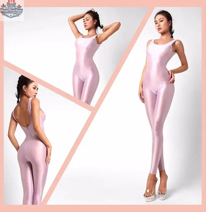 Glossy sleeveless sheer spandex bodysuit by MRJCOS, featuring a silky, form-fitting yoga-inspired dress with a smooth, shiny finish.