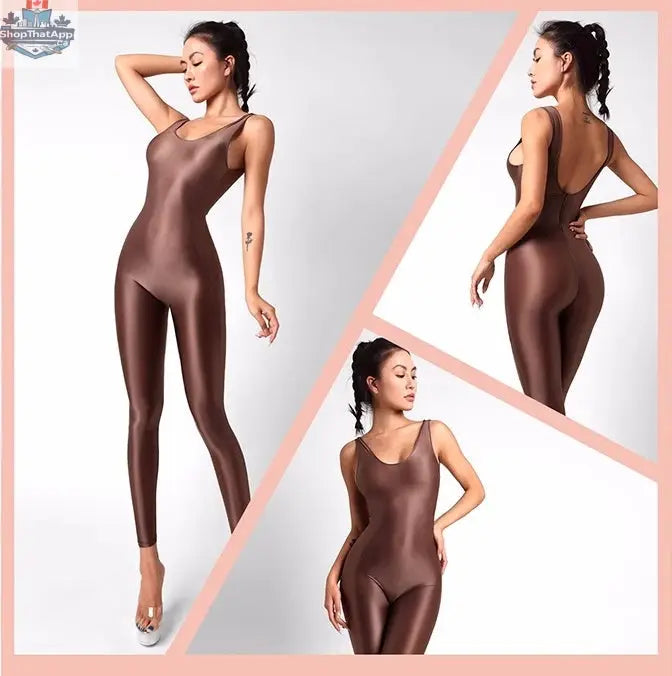 Black sleeveless sheer spandex bodysuit by MRJCOS, glossy silky finish, form-fitting yoga and lingerie dress with a smooth, shiny appearance.