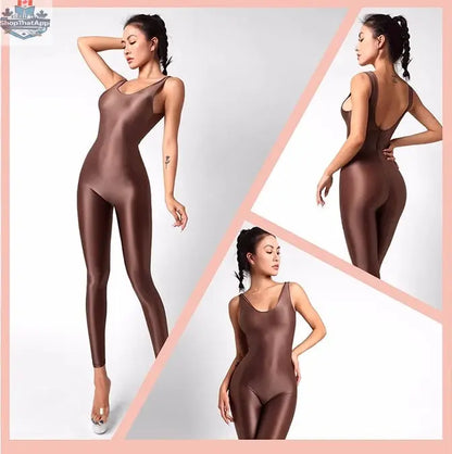 Black sleeveless sheer spandex bodysuit by MRJCOS, glossy silky finish, form-fitting yoga and lingerie dress with a smooth, shiny appearance.