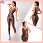 Black sleeveless sheer spandex bodysuit by MRJCOS, glossy silky finish, form-fitting yoga and lingerie dress with a smooth, shiny appearance.