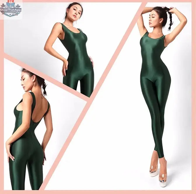 Glossy sleeveless sheer spandex bodysuit by MRJCOS, featuring silky fabric and a form-fitting yoga-inspired dress design.