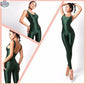 Glossy sleeveless sheer spandex bodysuit by MRJCOS, featuring silky fabric and a form-fitting yoga-inspired dress design.