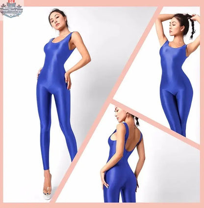 Glossy sleeveless sheer spandex bodysuit from MRJCOS, featuring silky fabric and form-fitting yoga or lingerie style design.