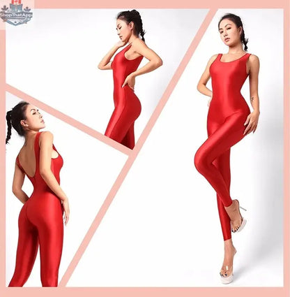 Glossy sleeveless sheer spandex bodysuit by MRJCOS, form-fitting yoga and lingerie dress with silky, stretchy material.