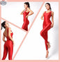 Glossy sleeveless sheer spandex bodysuit by MRJCOS, form-fitting yoga and lingerie dress with silky, stretchy material.