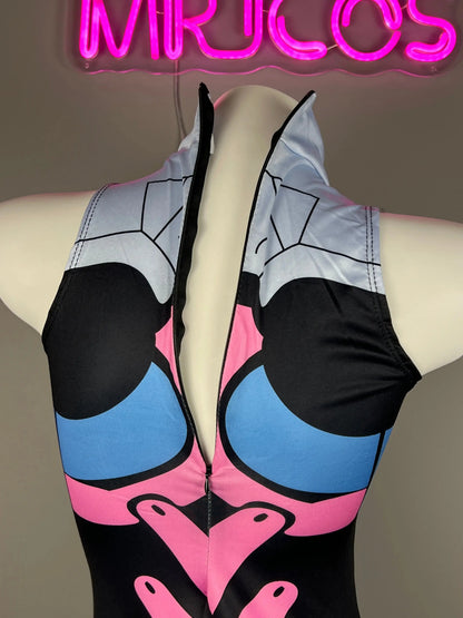 MRJCOS crotchless anime cosplay lingerie bodysuit featuring detailed character design and vibrant colors.
