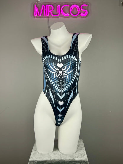 Woman wearing MRJCOS superhero crotchless lingerie bodysuit, bold and sexy cosplay costume for women.
