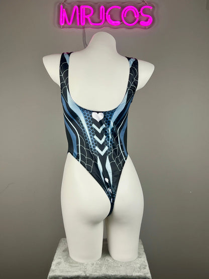 Woman wearing MRJCOS superhero crotchless lingerie bodysuit with bold, sexy cosplay design, featuring vibrant colors and superhero details.