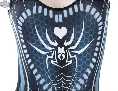 Woman wearing MRJCOS superhero crotchless lingerie bodysuit for cosplay, featuring bold, sexy design and vibrant costume details.