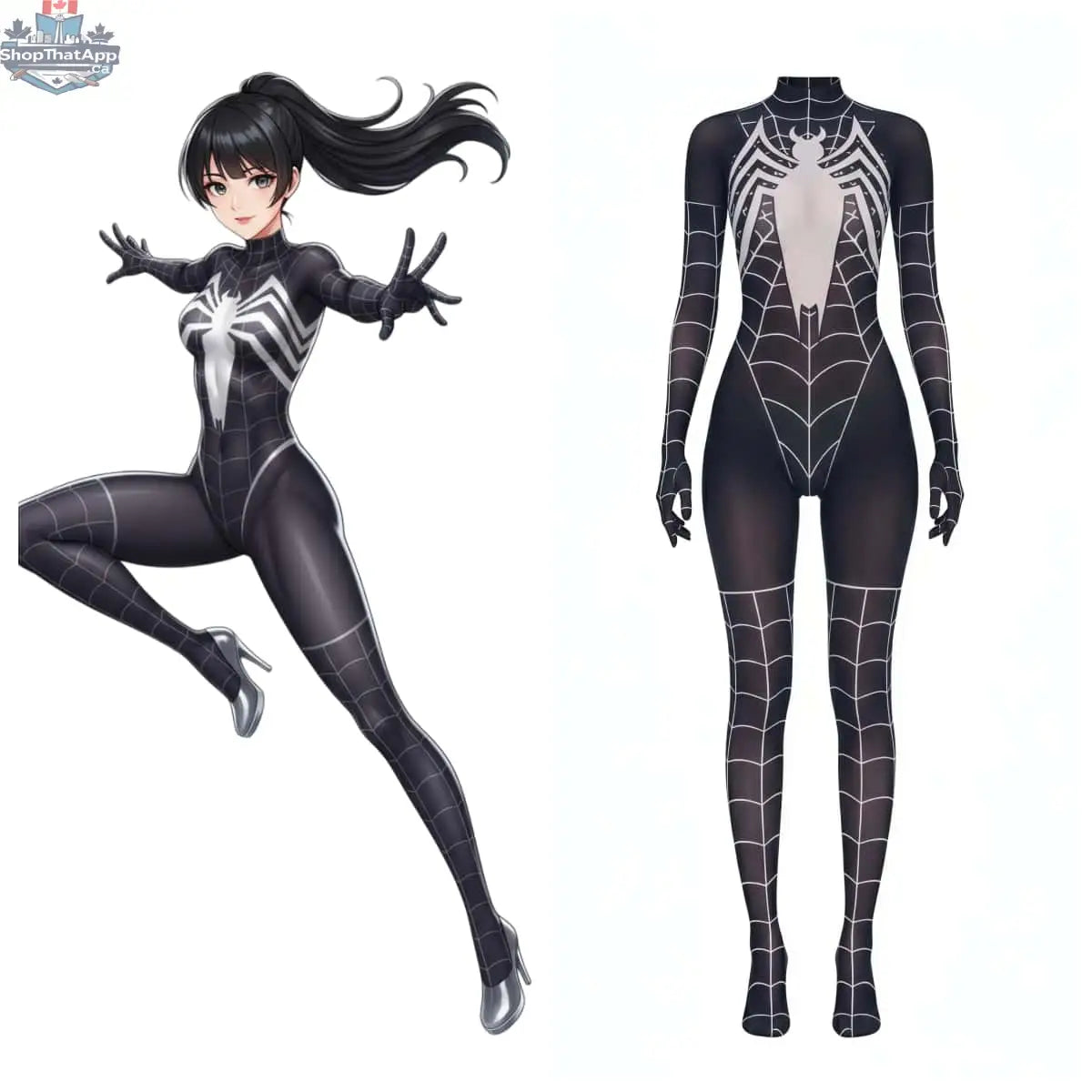 MRJCOS Super Hero Spider Sheer Bodysuit Lingerie, 10D nylon full bodystocking with spider web design on black sheer fabric.