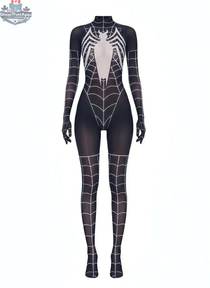 MRJCOS Super Hero Spider sheer nylon bodysuit lingerie, full bodystocking with 10D transparency showcasing intricate design.