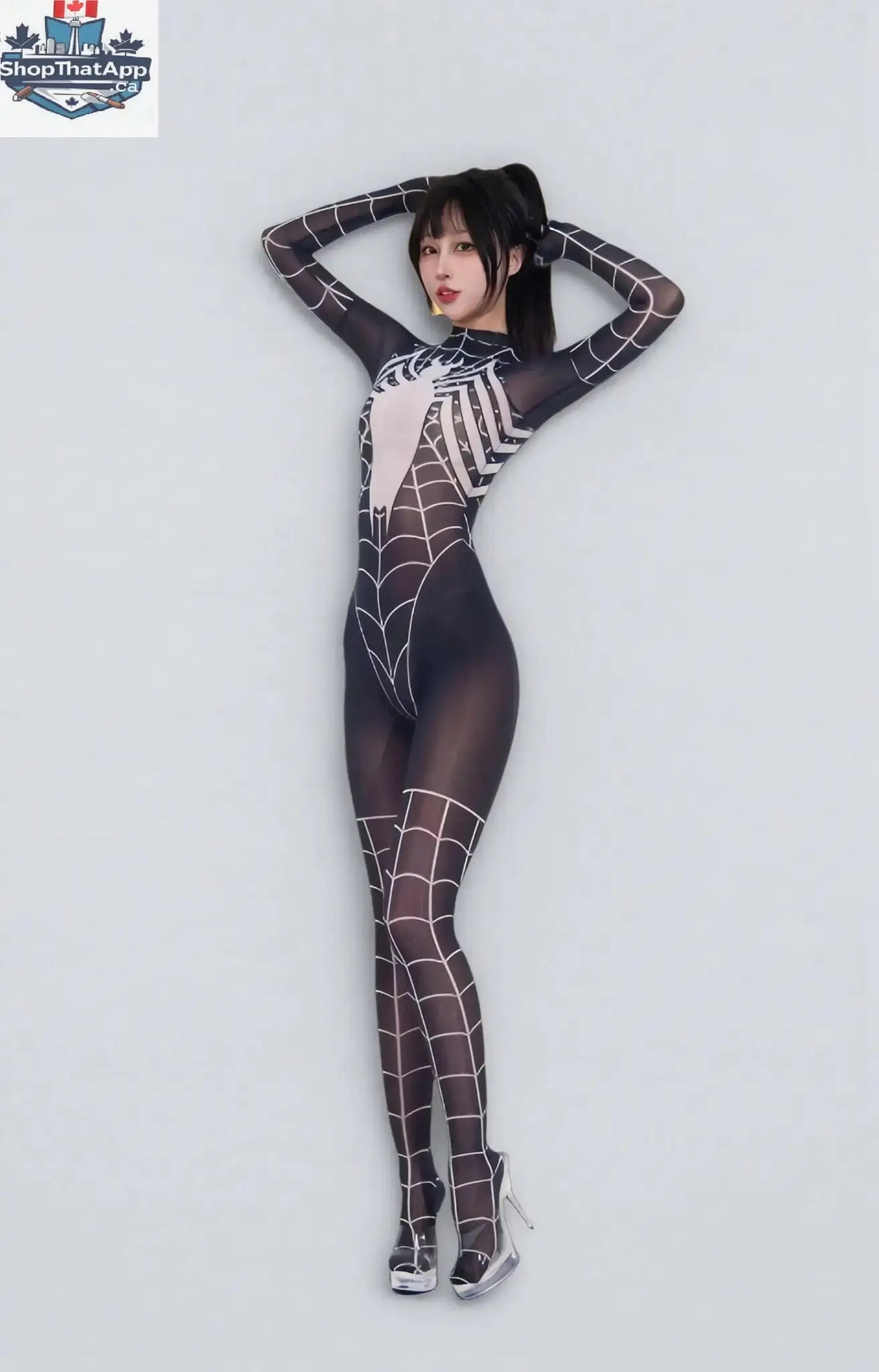 MRJCOS Super Hero Spider sheer nylon bodysuit lingerie, full bodystocking with 10D design, featuring superhero-themed pattern and form-fitting fit.