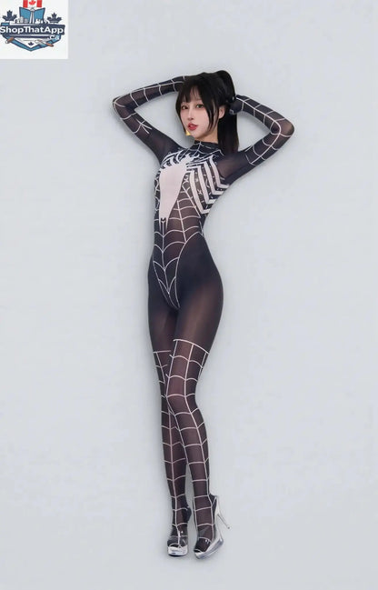 MRJCOS Super Hero Spider sheer nylon bodysuit lingerie, full bodystocking with 10D design, featuring superhero-themed pattern and form-fitting fit.