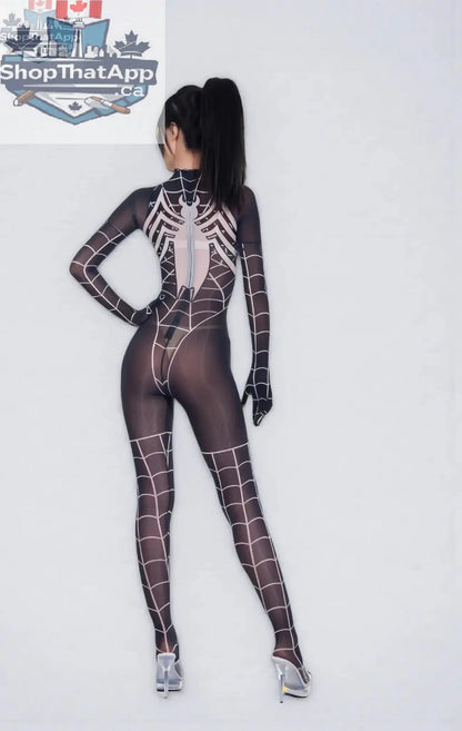 MRJCOS Super Hero Spider sheer bodysuit lingerie, 10D nylon full bodystocking with spider design, form-fitting and see-through.