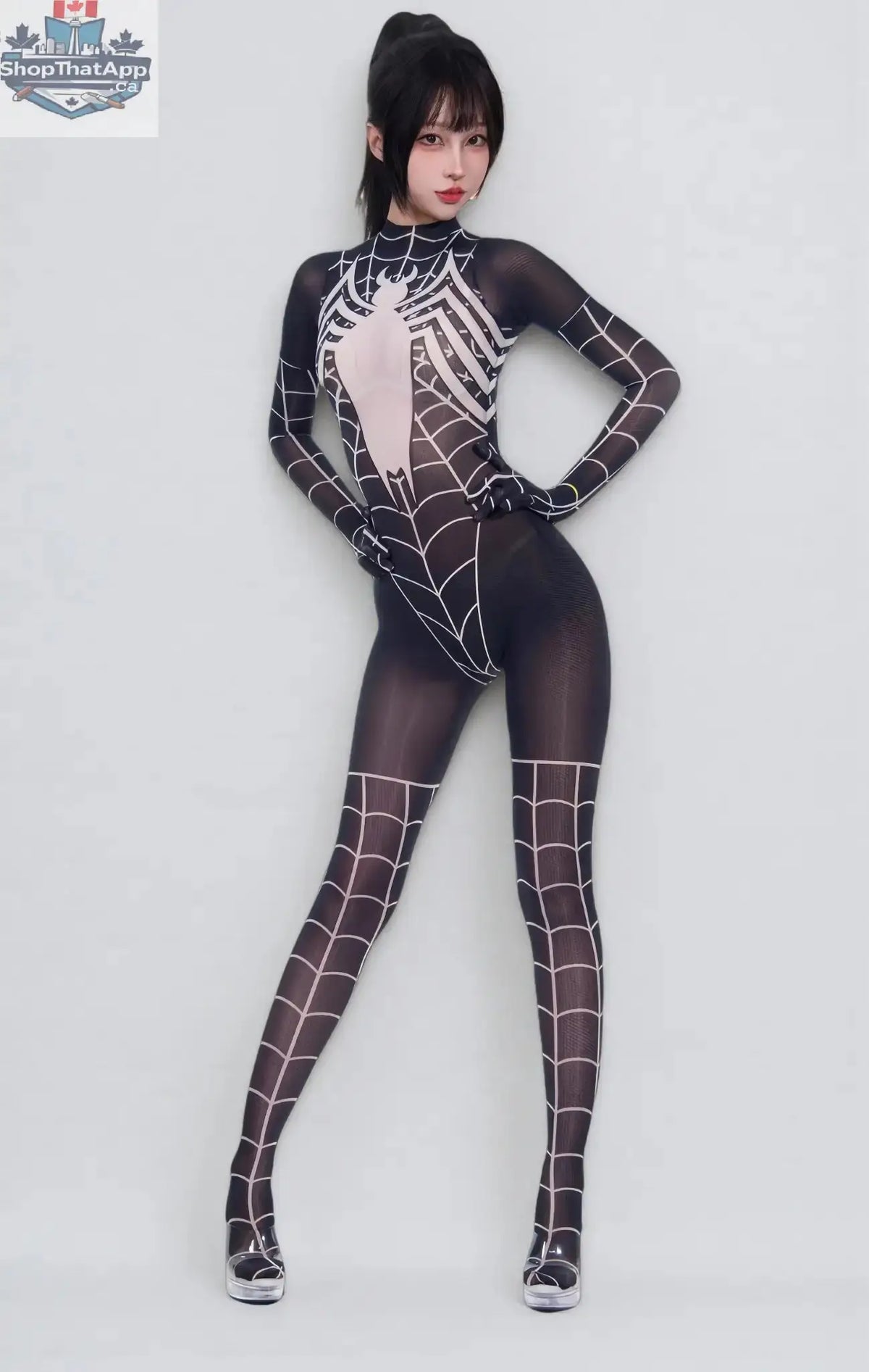 MRJCOS Super Hero Spider sheer bodysuit lingerie, 10D nylon full bodystocking, form-fitting and detailed with spider-themed design.