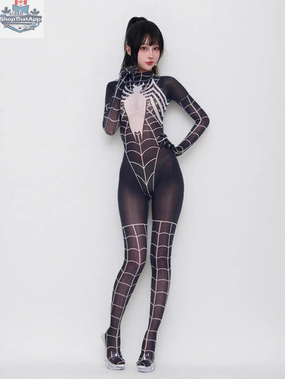 MRJCOS super hero spider sheer bodysuit lingerie, 10D nylon full bodystocking with spider web design.