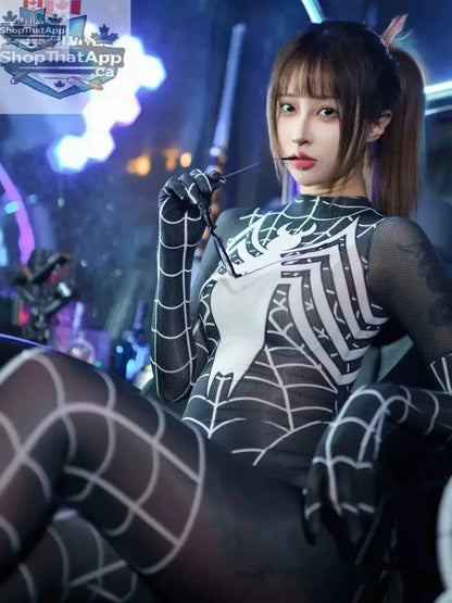 MRJCOS Super Hero Spider sheer nylon bodysuit lingerie, full body stocking with 10D compression, featuring spider web design.