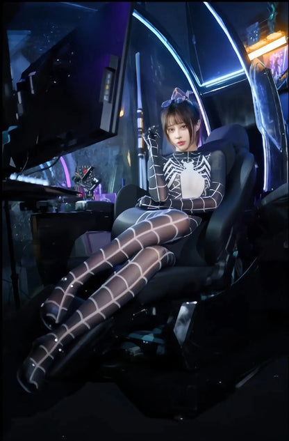 MRJCOS Super Hero Spider sheer nylon bodysuit lingerie, full bodystocking with intricate web design, form-fitting and sheer.