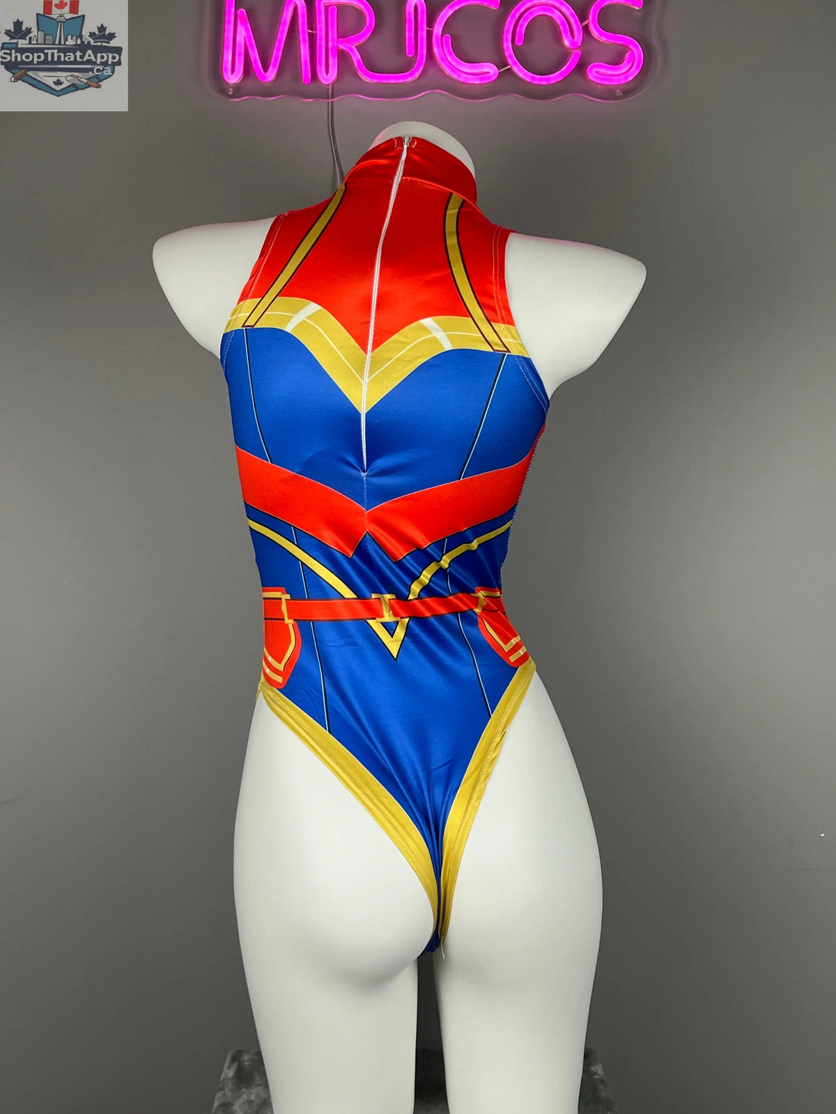 MRJCOS superhero crotchless lingerie costume featuring a bold bodysuit, designed for adventurous and daring lingerie wear.