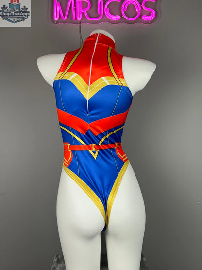 MRJCOS superhero crotchless lingerie costume featuring a bold bodysuit, designed for adventurous and daring lingerie wear.