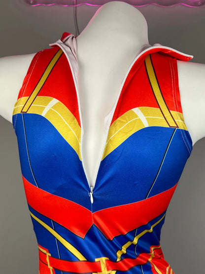 MRJCOS superhero crotchless lingerie costume featuring a bold bodysuit, designed for adventurous and daring fashion statements.