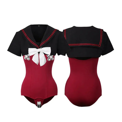 Japanese anime sailor style swimsuit set by MRJCOS, two-piece uniform with bandage design, perfect for cosplay or swimwear.