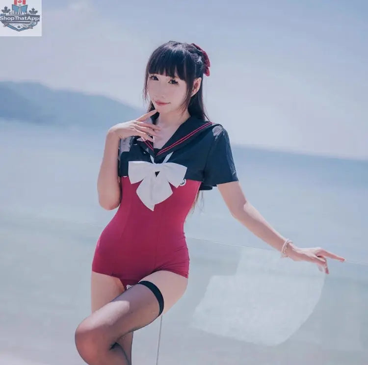 Japanese anime sailor style swimsuit set by MRJCOS, two-piece bandage design with vibrant colors and detailed nautical accents.