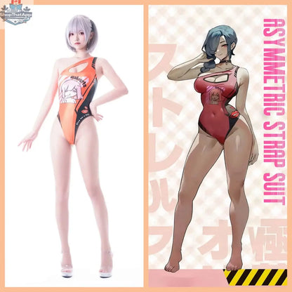 Japanese anime racing swimwear by MRJCOS featuring a spandex wetsuit with a race queen costume design, suitable for cosplay or swim events.
