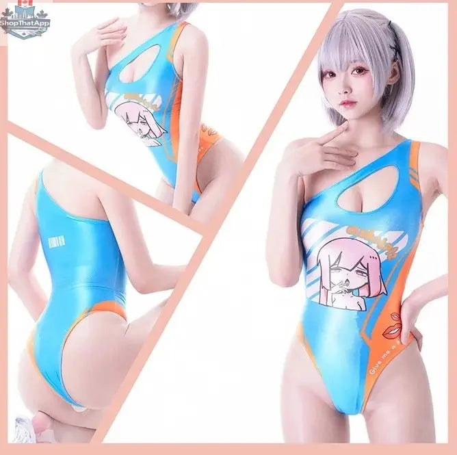 Japanese Anime Racing Swimwear Spandex Wet Suit Race Queen Costume by MRJCOS, featuring a vibrant, form-fitting swimwear design.