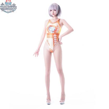MRJCOS Japanese anime-style swimwear spandex racing suit featuring vibrant design, form-fitting wet suit for racing or cosplay.
