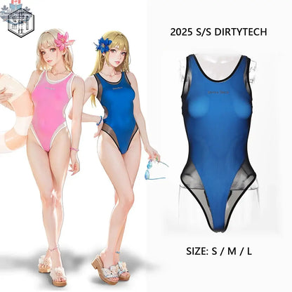 Anime tropical swimsuit by MRJCOS featuring mesh sheer overlay, summer one-piece swimwear with vibrant tropical print.