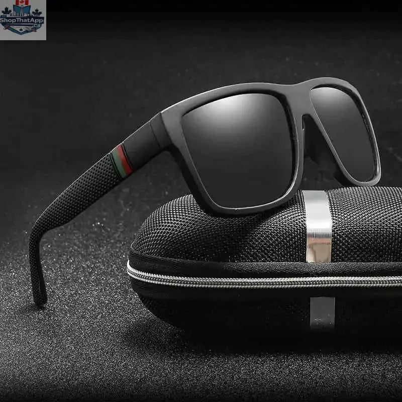 777tech HD polarized sunglasses with sleek black frames and tinted lenses, designed for outdoor UV protection.