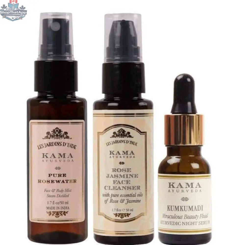 Kama Ayurveda anti-ageing skincare products including creams and serums in elegant packaging for natural beauty care.
