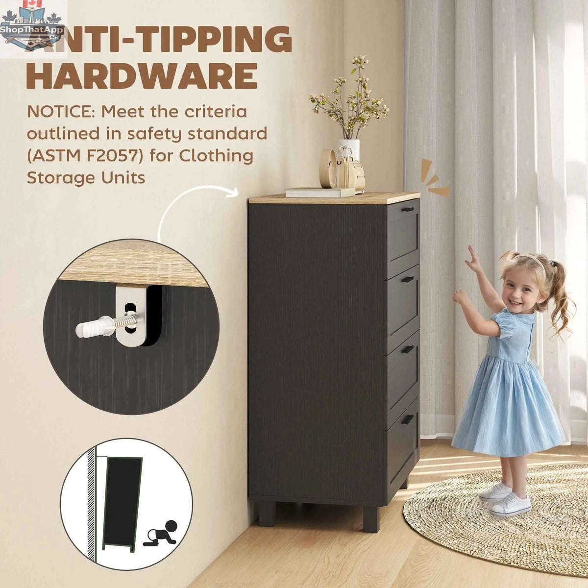 SLOTH Nation Taylor black bedroom chest of drawers with solid wood legs, modern bedroom furniture for organized storage.