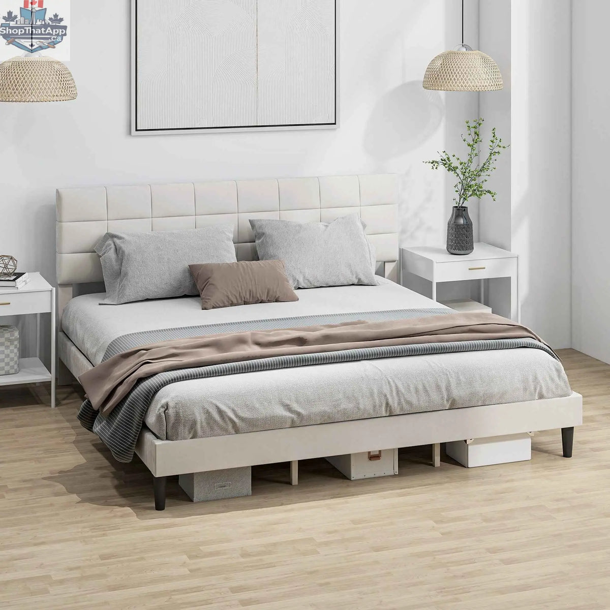 Cream white upholstered king size bed frame with headboard from SLOTH Nation, showcasing a modern bedroom furniture design.