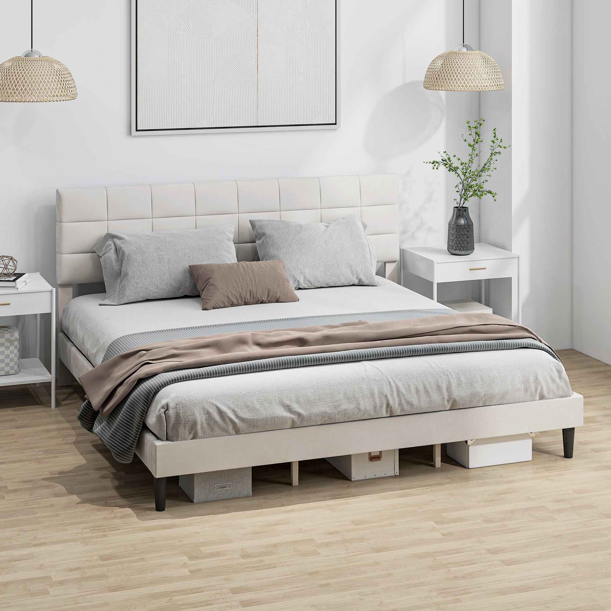 Harper King Size Bed Frame with Upholstered Headboard-Cream White