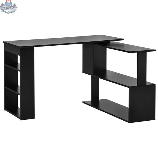 Black Denver L-shaped office desk with 360° rotating corner extension, featuring sleek modern office furniture from SLOTH Nation.