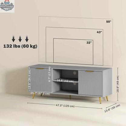 Grey Collins modern TV stand for up to 55-inch TVs by SLOTH Nation, featuring sleek design and ample storage space.