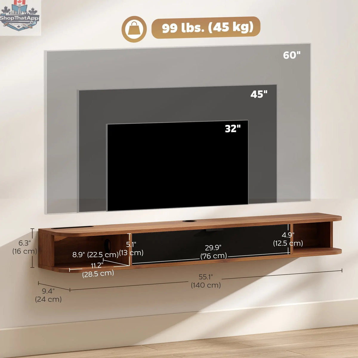 Lennox 55" Floating TV Stand for TVs up to 65" with Flip Drawer-Walnut - Shopthatapp.ca