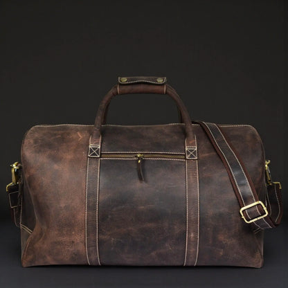 Brown leather Wayfarer Bag by NAB Leather, a classic full-grain leather duffle purse with sturdy handles and spacious interior.