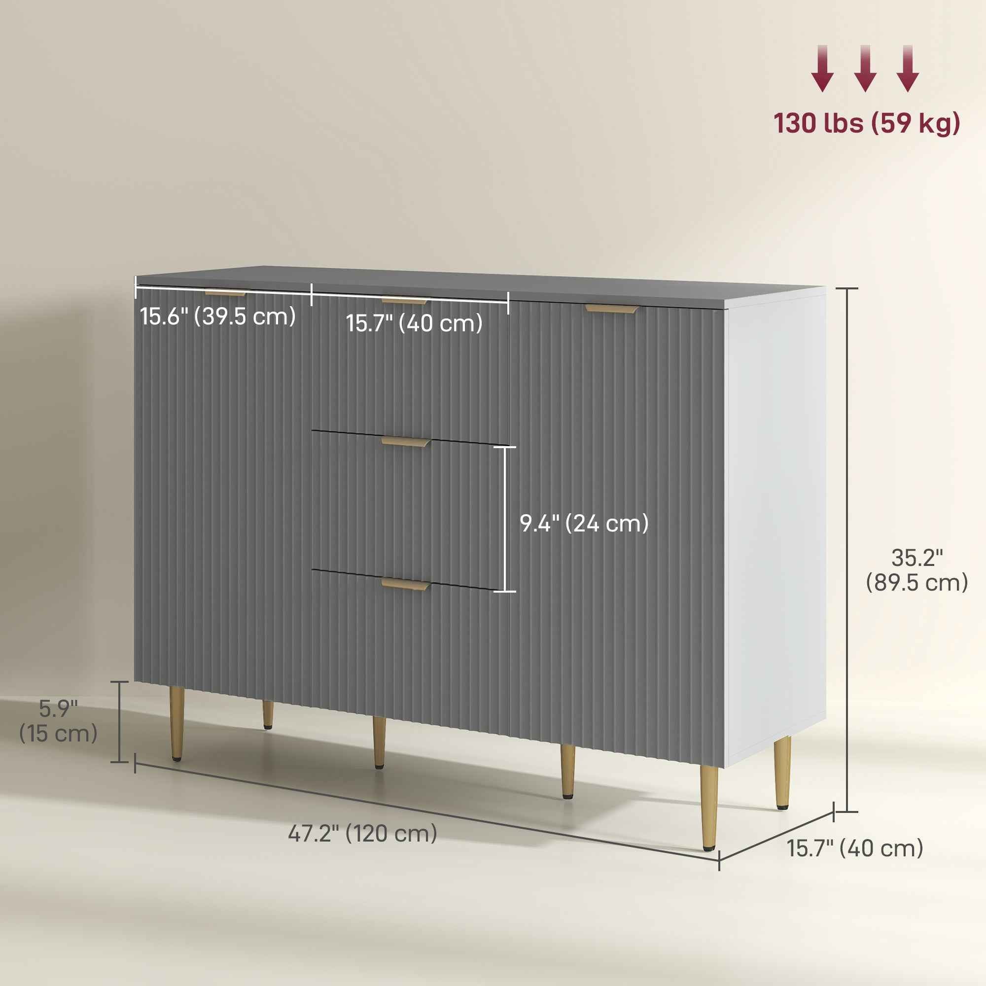 Ellis Modern Kitchen Buffet/Hallway Cabinet with 3 Drawers-Grey
