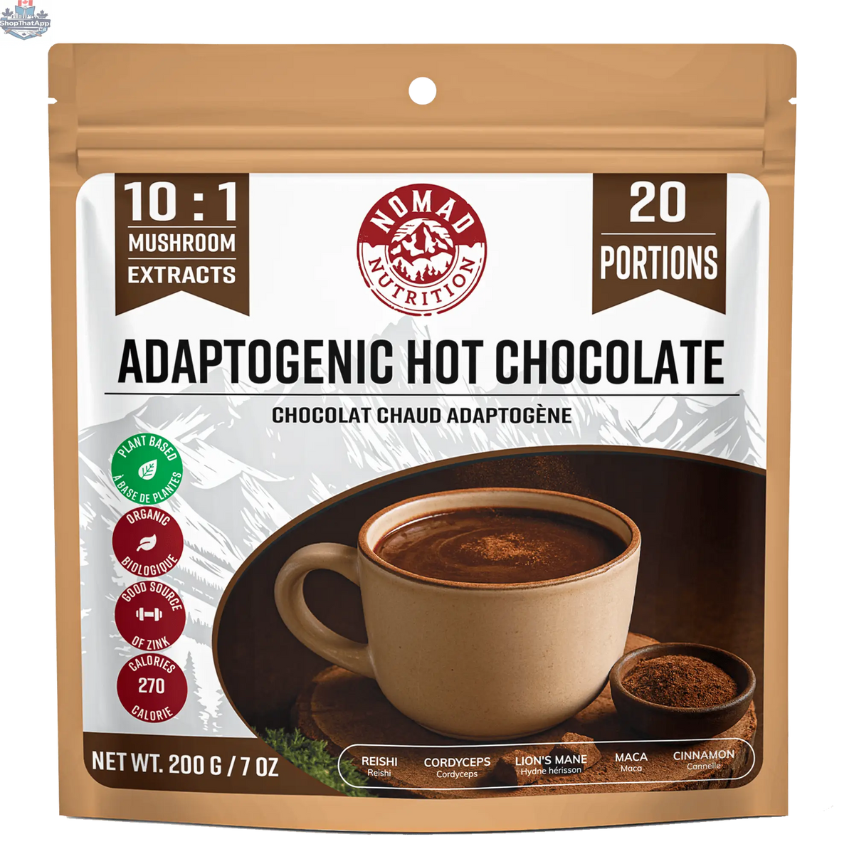 Nomad Nutrition adaptogenic hot chocolate mix in a bowl, showcasing a rich, chocolatey drink with a smooth, creamy texture.