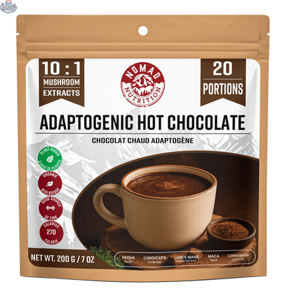Nomad Nutrition adaptogenic hot chocolate mix in a bowl, showcasing a rich, chocolatey drink with a smooth, creamy texture.