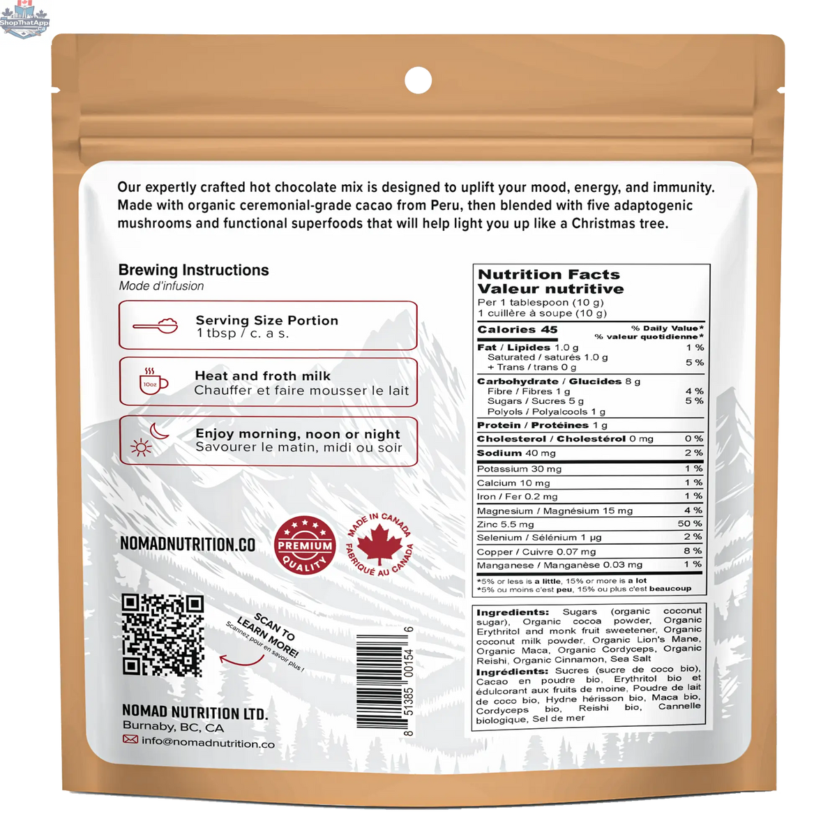 Plant-based Nomad Nutrition adaptogenic hot chocolate mix in a dehydrated, gluten-free hot chocolate food product.
