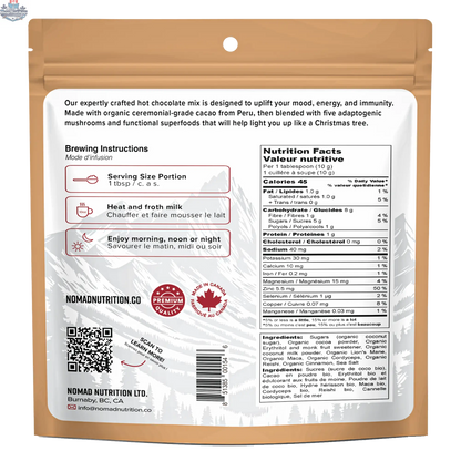 Plant-based Nomad Nutrition adaptogenic hot chocolate mix in a dehydrated, gluten-free hot chocolate food product.