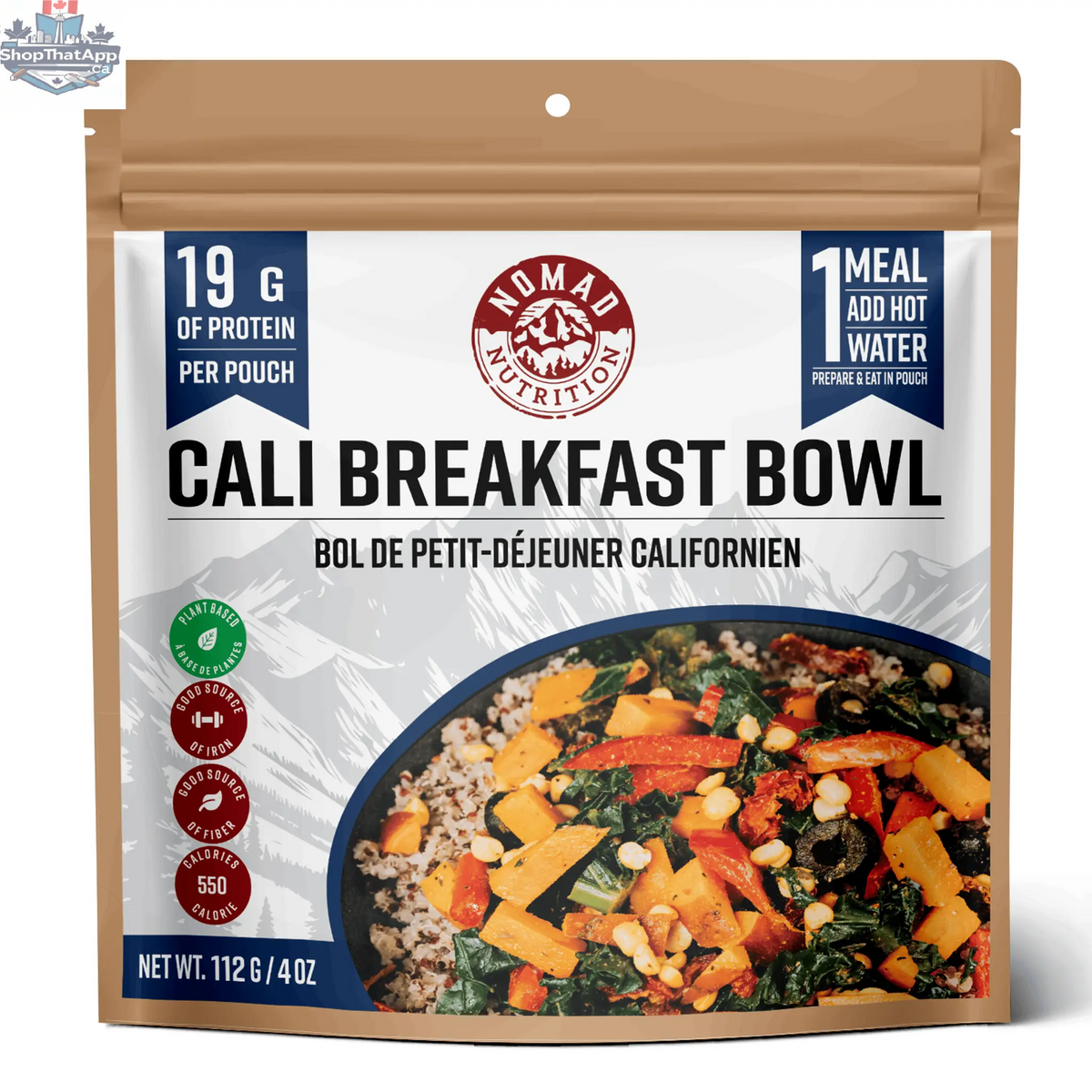 Nomad Nutrition Cali Breakfast Bowl, a vegan, gluten-free dehydrated backpacking breakfast served in a bowl with fresh ingredients.